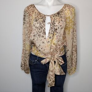 BCBGMAXAZRIA Cream Yellow Brown Floral Tie Waist Keyhole Silk Blouse S